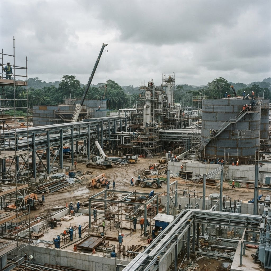 Facilidad petrolera en construcción con tanques y estructuras metálicas