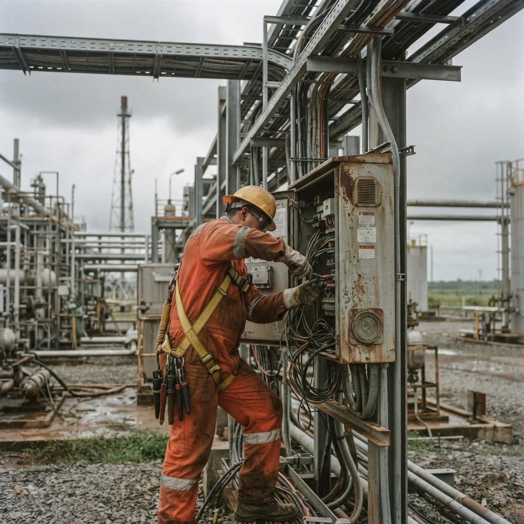 Técnico realizando mantenimiento eléctrico en un tablero industrial